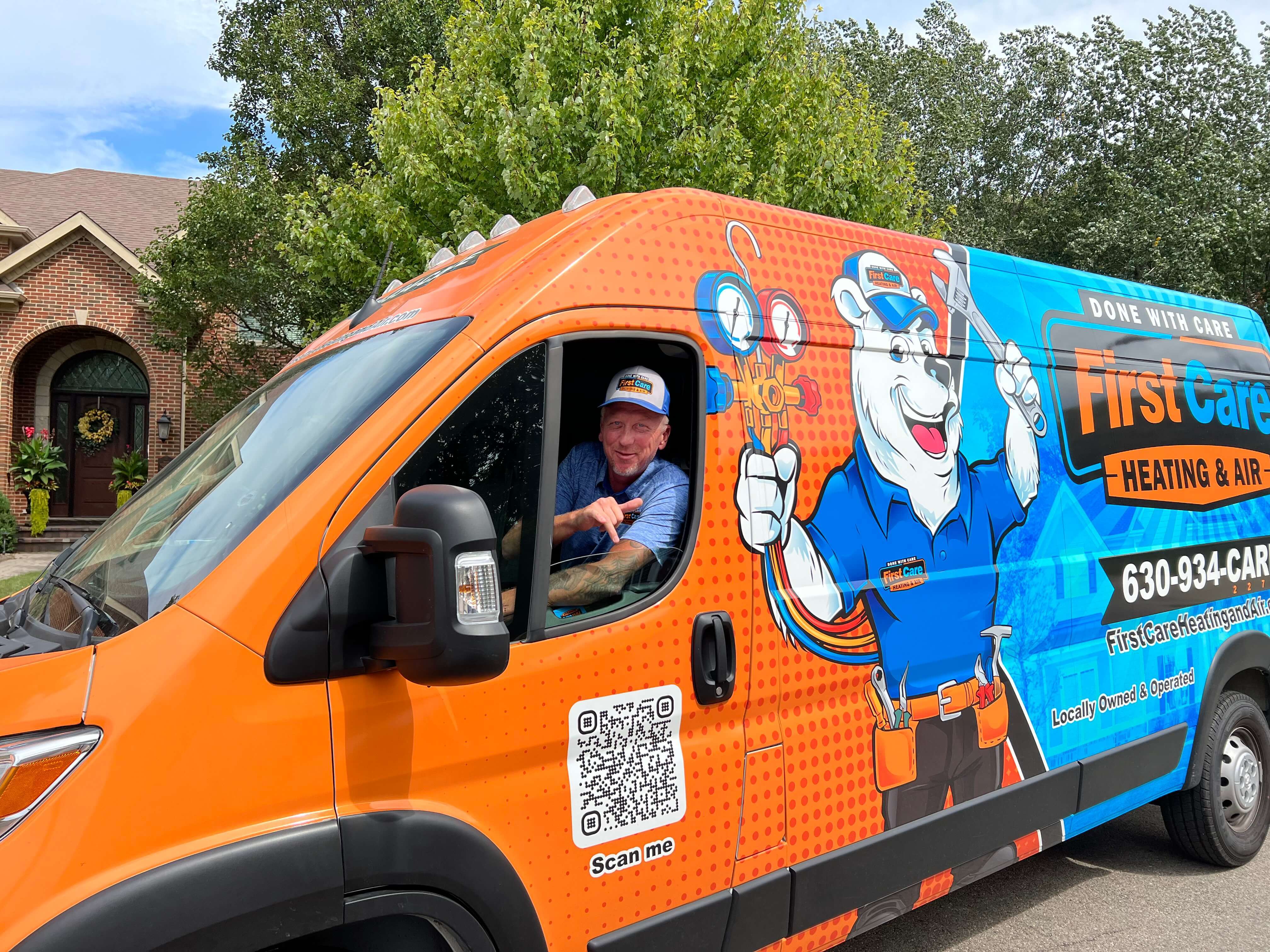 First Care technician in his van bringing HVAC service to Aurora